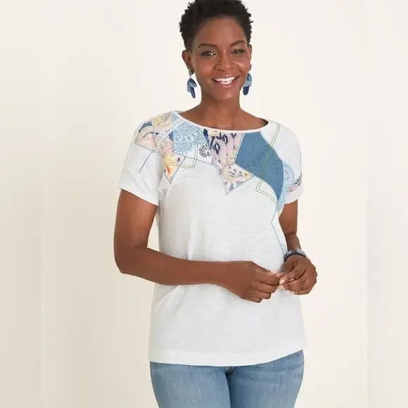 CHICO’S | White Boho Patchwork Short Sleeve Top | Size 3 XL - Picture 2 of 8